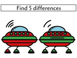 encuentra 5 diferencias nave espacial ovni, juego de página de entrenamiento para niños vector