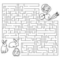 Maze game feed the rabbit coloring page with cute animals and confusing path for kids creativity and development vector