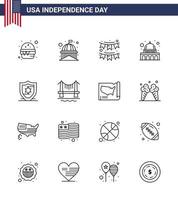 Pack of 16 USA Independence Day Celebration Lines Signs and 4th July Symbols such as wisconsin madison white capitol party Editable USA Day Vector Design Elements