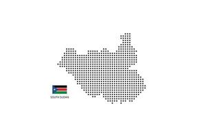 Vector square pixel dotted map of South Sudan isolated on white background with South Sudan flag.