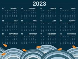 Calendario de 12 meses en 2023 con fondo de tono azul y pececitos. ilustración vectorial calendario 2023. vector