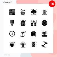 Group of 16 Modern Solid Glyphs Set for led vr glasses cloud virtual reality avatar Editable Vector Design Elements