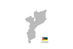 Mapa punteado de píxeles cuadrados vectoriales de mozambique aislado sobre fondo blanco con bandera de mozambique. vector