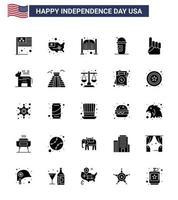 Pack of 25 USA Independence Day Celebration Solid Glyph Signs and 4th July Symbols such as foam hand limonade bar american entrance Editable USA Day Vector Design Elements