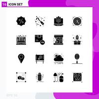 Group of 16 Modern Solid Glyphs Set for target achievement computer marketing protection Editable Vector Design Elements