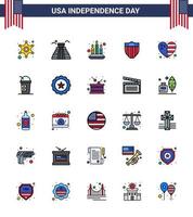 grupo de 25 líneas rellenas planas establecidas para el día de la independencia de los estados unidos de américa, como la vela del corazón de la bandera, el escudo de estados unidos, los elementos de diseño vectorial editables del día de estados unidos vector