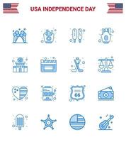 Set of 16 Vector Blues on 4th July USA Independence Day such as station building corn dog food french fries Editable USA Day Vector Design Elements