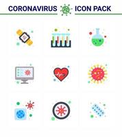 Coronavirus Prevention Set Icons 9 Flat Color icon such as beat virus test scan computer viral coronavirus 2019nov disease Vector Design Elements