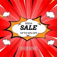 Mega sale banner template design for web or social media, sale special up to 50 off with red colorful background. vector