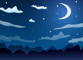 Night cartoon sky with clouds, full moon, moonlight and stars vector background design.