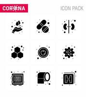 CORONAVIRUS 9 Solid Glyph Black Icon set on the theme of Corona epidemic contains icons such as healthy apple human science experiment viral coronavirus 2019nov disease Vector Design Elements