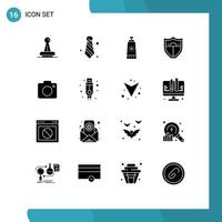 Pictogram Set of 16 Simple Solid Glyphs of camera security dress code shield sunblock Editable Vector Design Elements