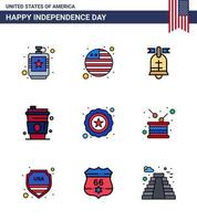 Pack of 9 USA Independence Day Celebration Flat Filled Lines Signs and 4th July Symbols such as star usa ball juice alcohol Editable USA Day Vector Design Elements