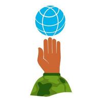 Hand in camouflage holds a globe of the globe. A symbol of care and protection. Symbol of life vector