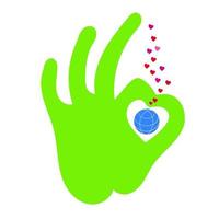 Folded fingers in the OK sign. Globe with hearts. vector