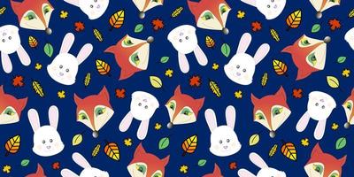 Cartoon pattern with cute fox and rabbits, fairy tail characters  with falling leaves. Print Design Textile for Kids Fashion. Print for textile, wrapper, postcard. vector