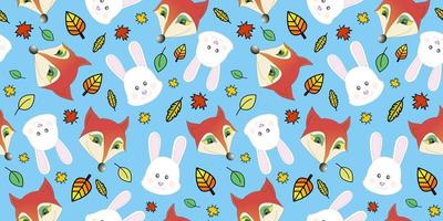 Cartoon pattern with cute fox and rabbits, fairy tail characters  with falling leaves. Print Design Textile for Kids Fashion. Print for textile, wrapper, postcard. vector