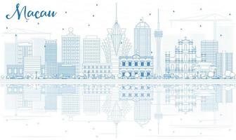 Outline Macau Skyline with Blue Buildings and Reflections. vector