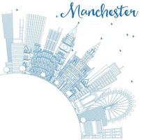 Outline Manchester England City Skyline with Blue Buildings and Copy Space. vector