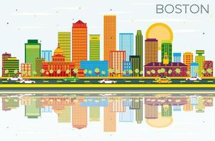 Boston Skyline with Color Buildings, Blue Sky and Reflections. vector