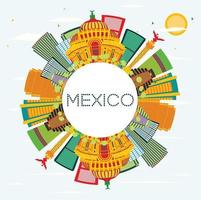 Mexico Skyline with Color Buildings, Blue Sky and Copy Space. vector