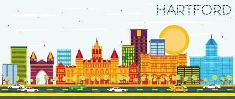 Hartford Skyline with Color Buildings and Blue Sky. vector