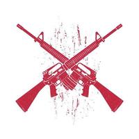 crossed assault rifles, two 5.56 mm automatic guns, red on white, vector illustration