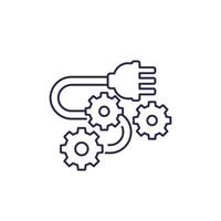 enchufe eléctrico con 3 pines e icono de vector de línea de engranajes