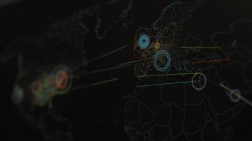 carte du monde avec différentes cibles de cyberattaque. concept de piratage et de technologie. prise de vue macro aux pixels du moniteur video