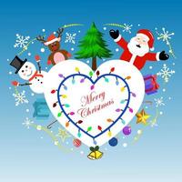 Merry christmas seasonal greetings and festive elements like christmas tree, santa claus, christmas reindeer, snowman, gift box, candy cane, stars, baubles, christmas bells.