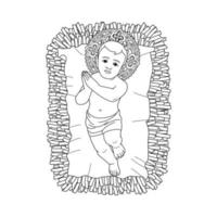 Baby Jesus in the Manger at Christmas Vector Illustration Outline Monochrome