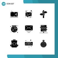 Group of 9 Modern Solid Glyphs Set for text mail direction pet bowl Editable Vector Design Elements