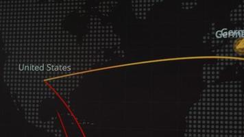 carte du monde avec différentes cibles de cyberattaque. concept de piratage et de technologie. prise de vue macro aux pixels du moniteur video