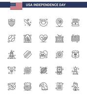 Pack of 25 USA Independence Day Celebration Lines Signs and 4th July Symbols such as cap sign usa map american Editable USA Day Vector Design Elements