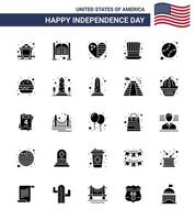 Happy Independence Day Pack of 25 Solid Glyph Signs and Symbols for baseball usa heart presidents day Editable USA Day Vector Design Elements