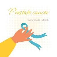 cinta azul en la mano símbolo de cáncer de próstata, banner vectorial. mes de concientización sobre el cáncer masculino