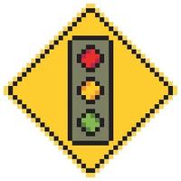 Traffic light icon pixel art  with yellow triangle sign.  Vector illustration.