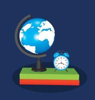 ilustración de soporte de reloj azul de globo realista y libros de pila vector