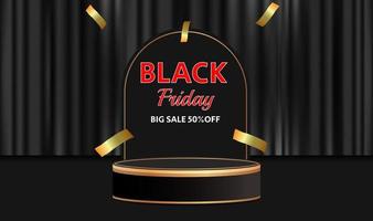 Full black podium pedestal with dark stuff for Black Friday offer presentation in 3D rendering. Elegant platform for promotional marketing discount and online shopping concept vector