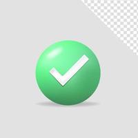 Green check mark, right tick symbol accepted and rejected, 3D rendering. Vector illustration