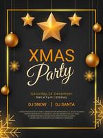 Christmas party poster with golden ornaments. Christmas holiday card template on black background. Design for web banner, flyers, brochure and invitation. Vector illustration