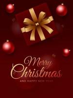 Merry Christmas and New Year greeting cards. Red christmas background design with gift box, balls. Template for greeting card, poster, web banner or cover. Vector illustration