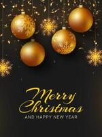 Merry Christmas and New Year greeting cards. Christmas background design with golden balls, snowflakes and confetti. Template for greeting card, poster, web banner or cover. Vector illustration