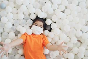 Asian girl play with white ball and wearing surgical mask on school or kindergarten yard or playground. Little asian girl playing colorful ball at playground. Child playing on outdoor playground. photo