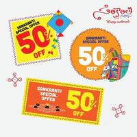 happy sankranti sale oferta especial unidades con elementos festivos. feliz sankranti escrito en telugu vector