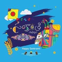 feliz sankranti escrito en telugu. felices sankranti y pongal. un gangireddu, un buey decorado también conocido como basava con elementos festivos. vector