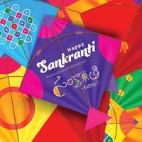 Happy sankranti written in telugu language on kite. Sankranti wishes with kite decoration vector