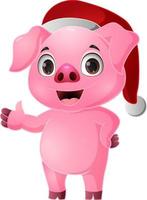 Cute pig cartoon wearing santa hat  waving hand vector