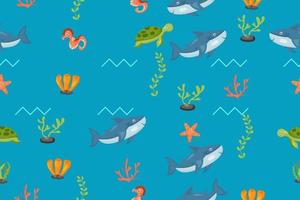 patrón de tiburones. tiburón de dibujos animados, estampado de algas. fauna marina, mundo submarino vector textura fluida