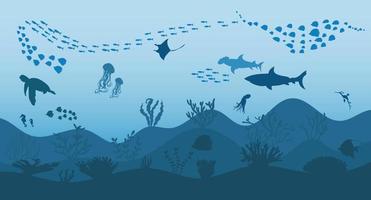 silhouette of coral reef with fish on blue sea background underwater vector illustration
